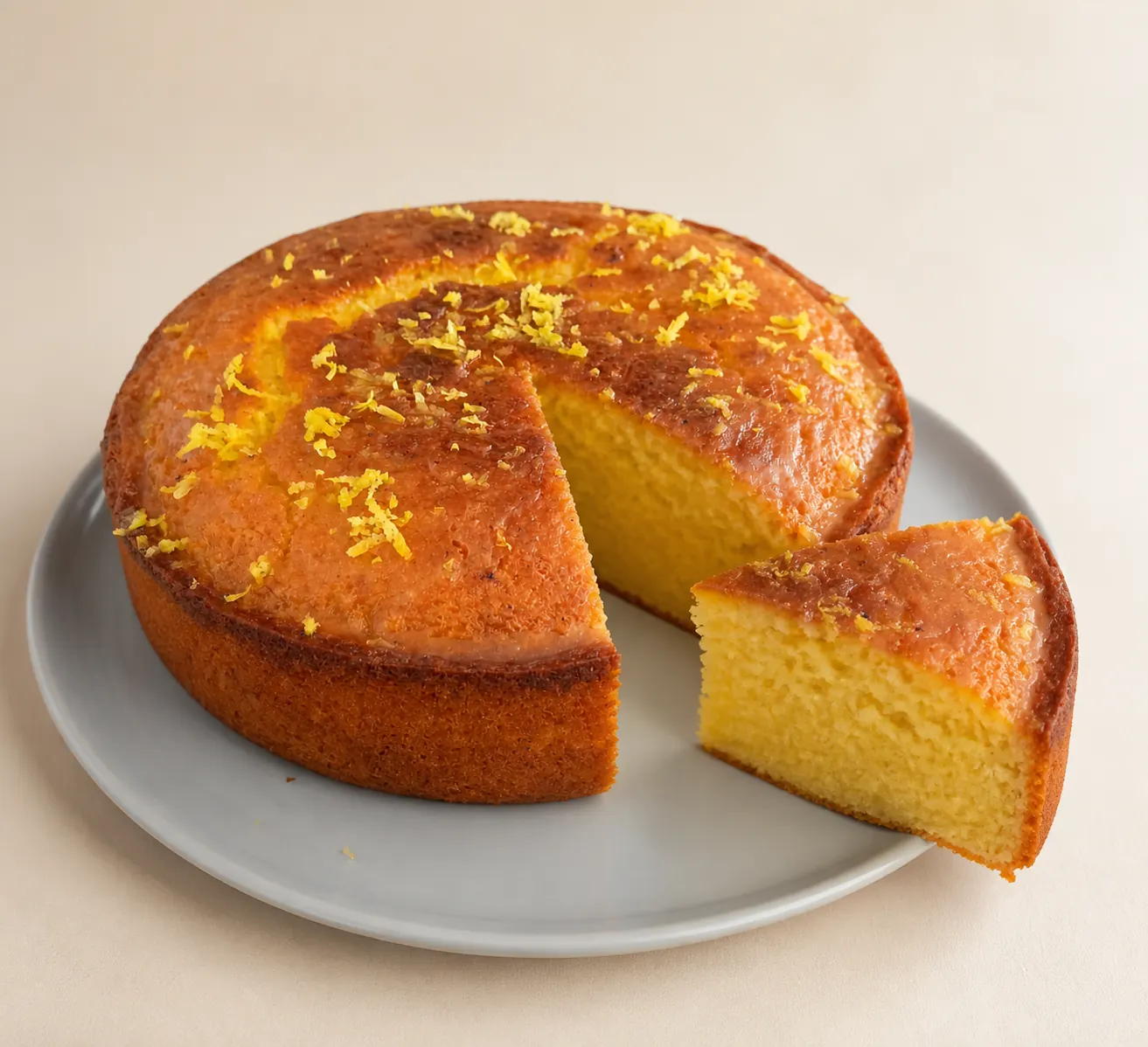 The same cake cut, one slice on a plate showing the crumb and the buttercream layers