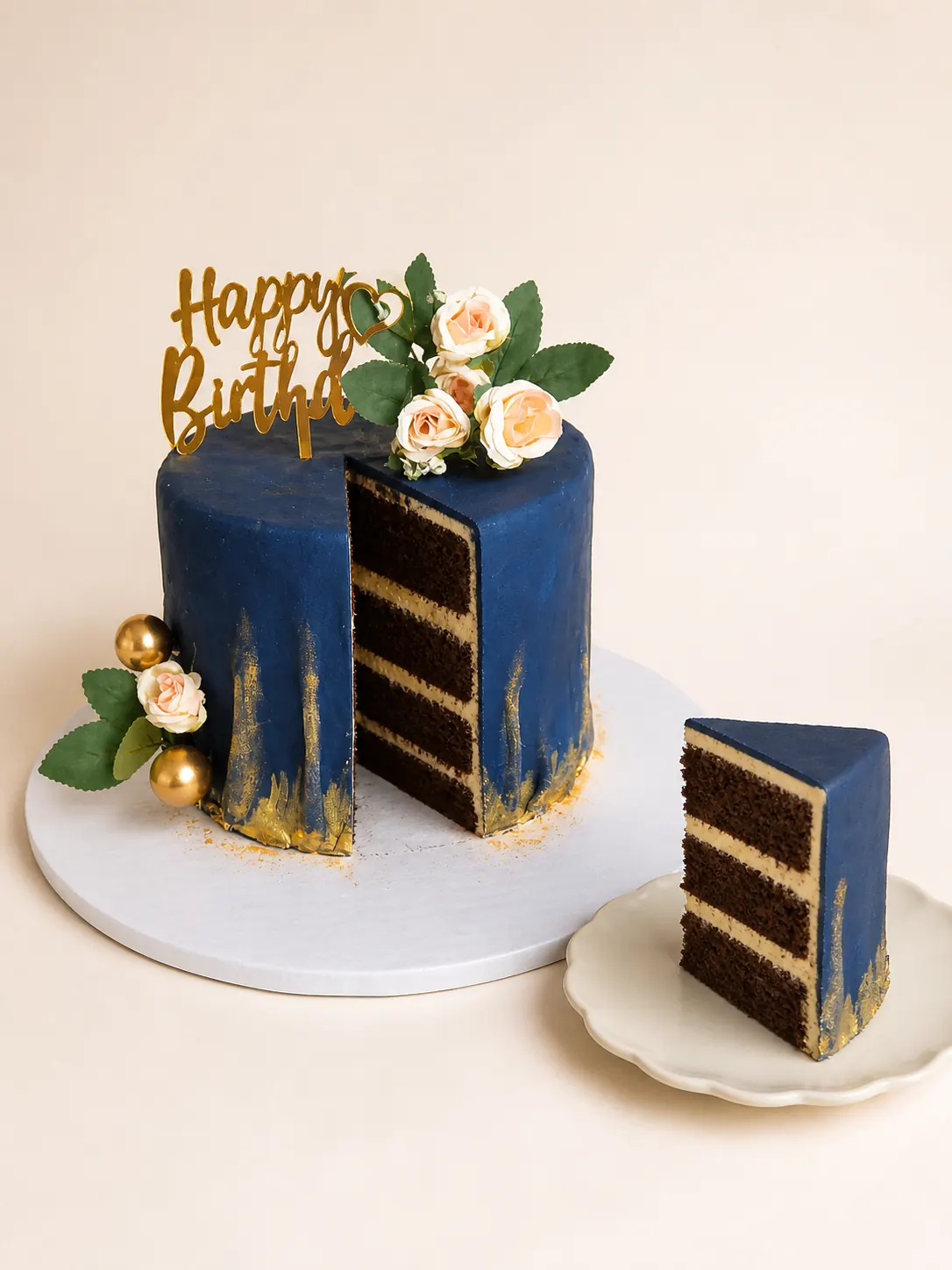 A slice of black forest cake on a plate beside the cut cake, the layers and buttercream in cross-section