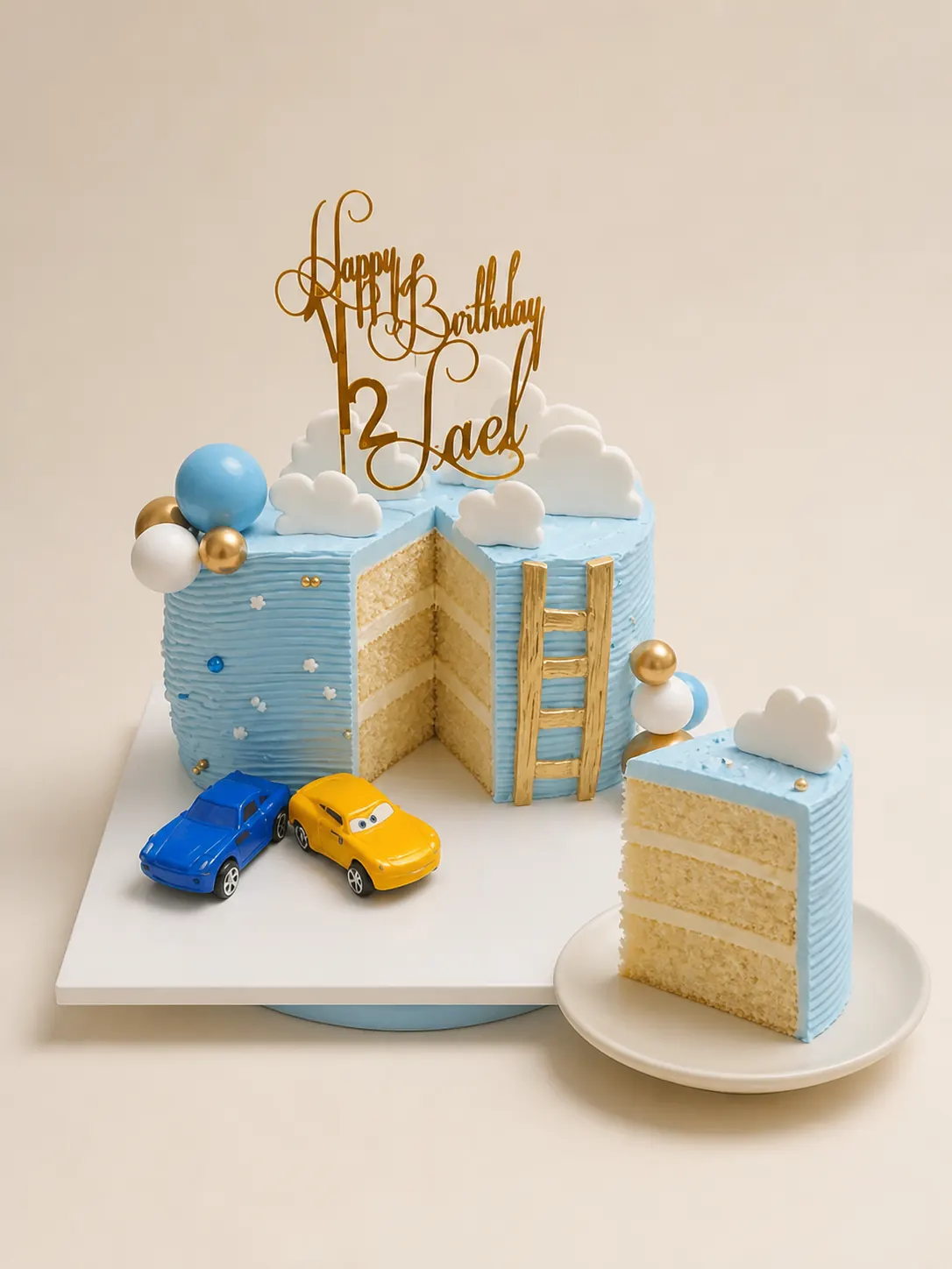 A slice cut from the themed red velvet cake above, showing the same three layers and buttercream as a plain one